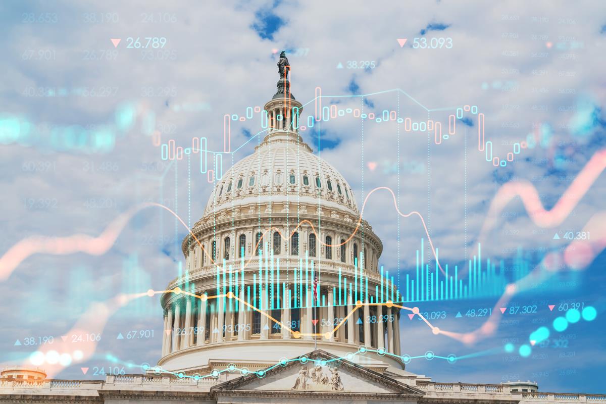 Capitol dome building exterior, Washington DC, USA. Home of Congress, Capitol Hill. American political system. Forex graph hologram.