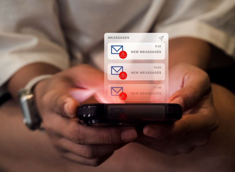 SMS spam and fake text message phishing concept.