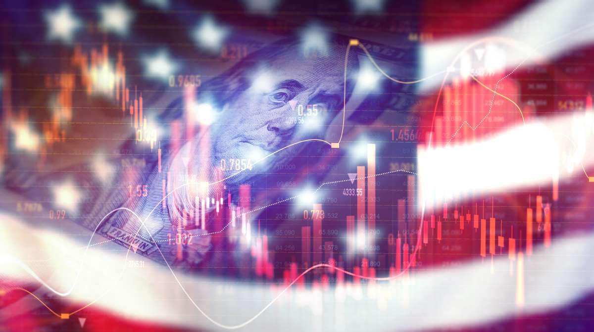 Stock market trading graph with American flag.