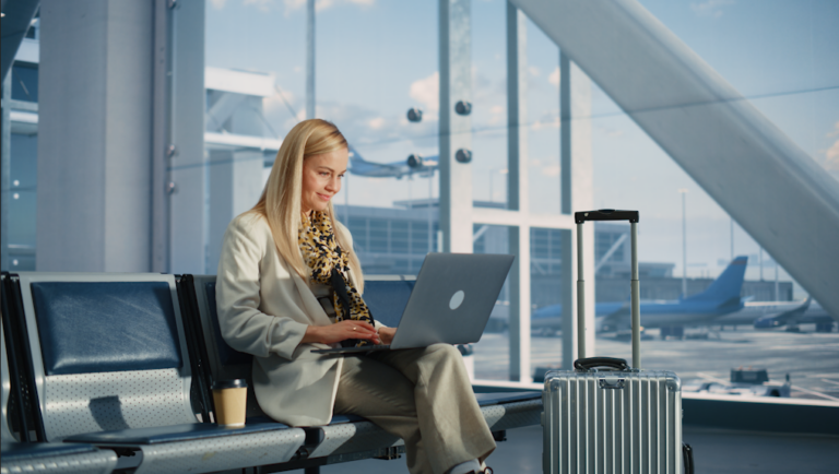 Woman Working Laptop Airport Terminal